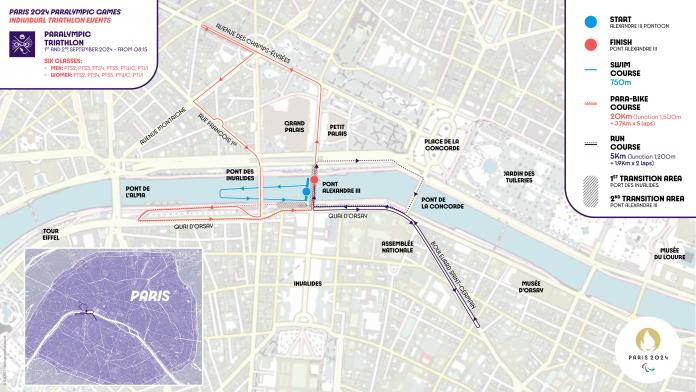 The graphic shows the route of the Paris 2024 Para triathlon events, which start and finish at Pont Alexandre III