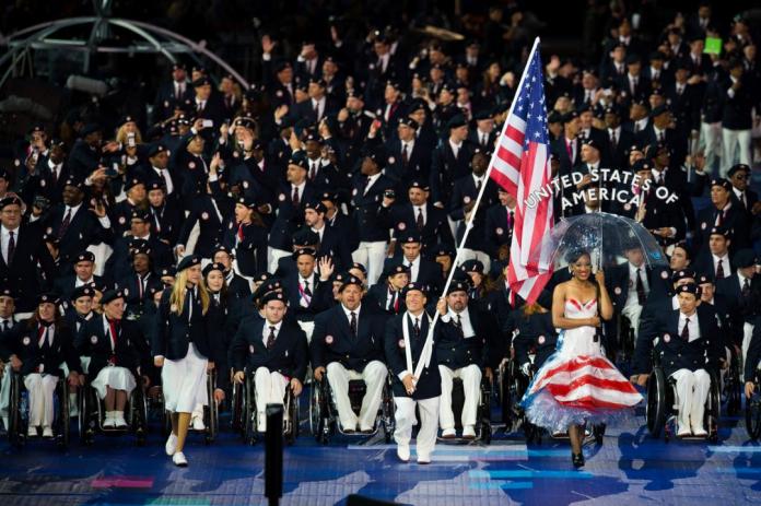 The USA delegation participating in the Parade of Nations at the London 2012 Paralympic Games Opening Ceremony.