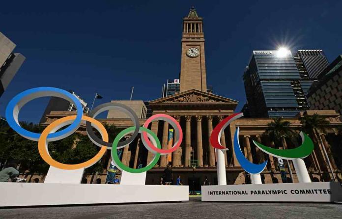 the Olympic Rings and Paralympic Agitos in Brisbane city centre 