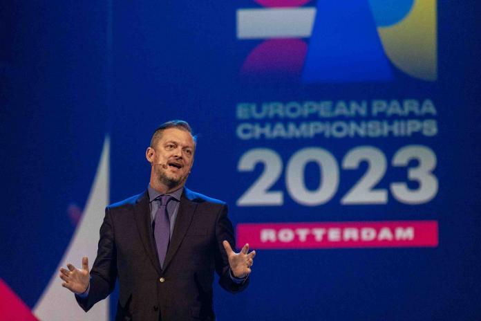 Andrew Parsons speaking on stage at the opening ceremony