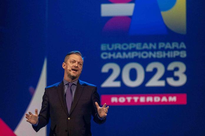 Andrew Parsons speaking on stage at the opening ceremony 