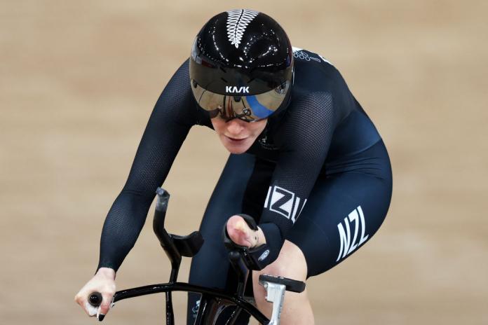 A female Para athlete competing in cycling at the Tokyo 2020 Paralympic Games.