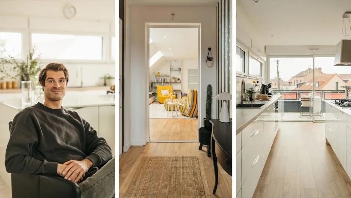 A collaged photo of a man sitting on a chair and two photos of his apartment.