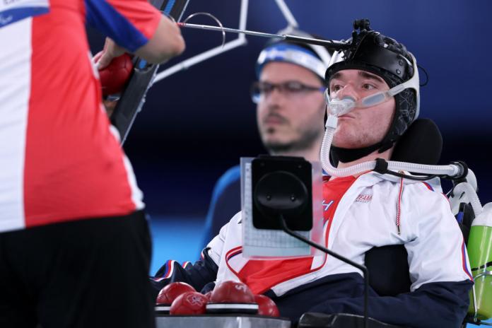 Adam Peska, a male boccia player is in action at the Tokyo 2020 Paralympics.