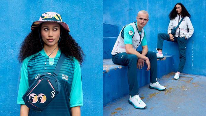 A woman and a man wearing the Paris 2024 volunteer uniform.