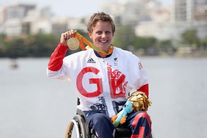 Emma Wiggs, a Para canoe athlete from Great Britain, poses for a photo after winning a gold medal at Rio 2016.