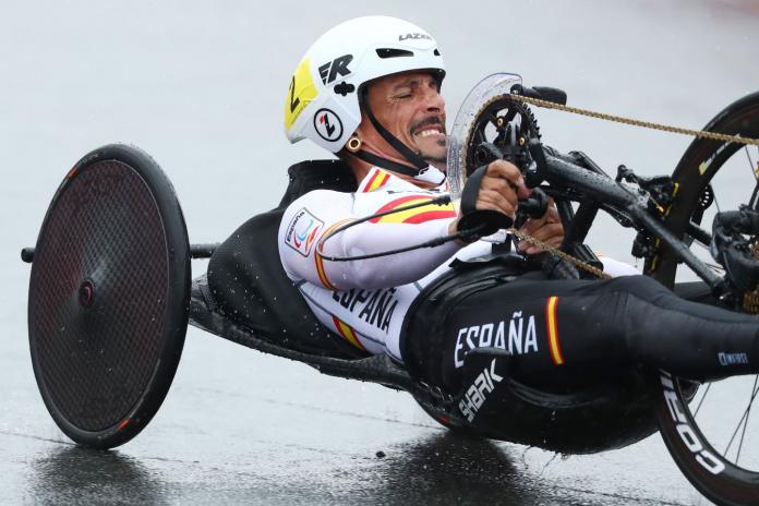 Sergio Garrote Munoz, a Para cyclist from Spain, competes in a handcycle