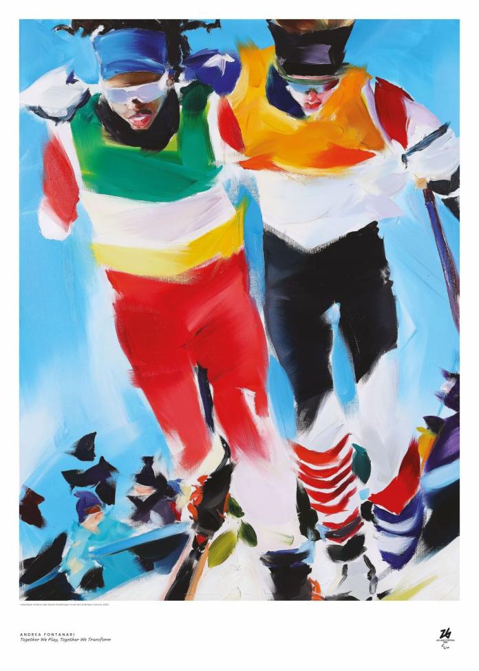 Art poster of Milano Cortina 2026 Paralympics, a painting featuring two skiers