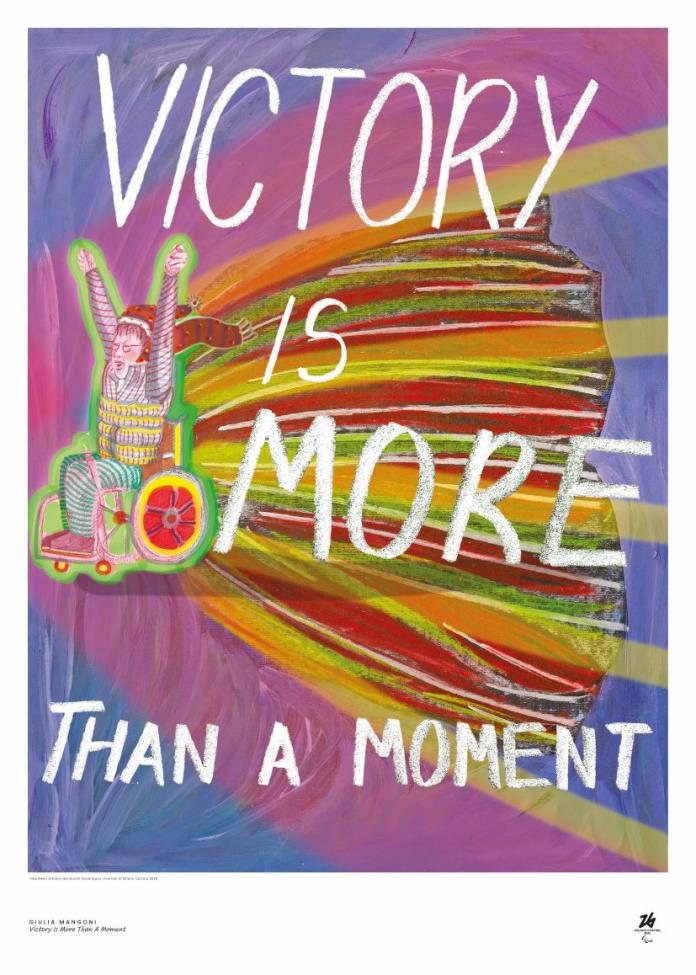 Art poster of Milano Cortina 2026 a colourful poster featuring a person in a wheelchair and words "Victory is More than a Moment"