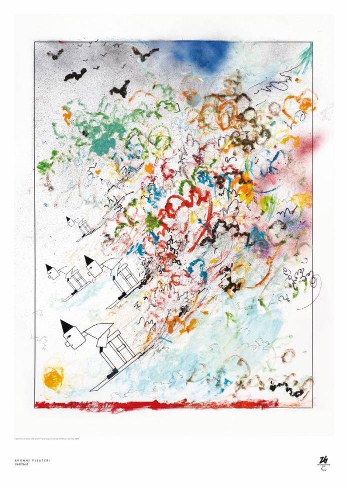 Art poster of Milano Cortina 2026 Paralympics, a painting featuring sit-skiers and lots of colours