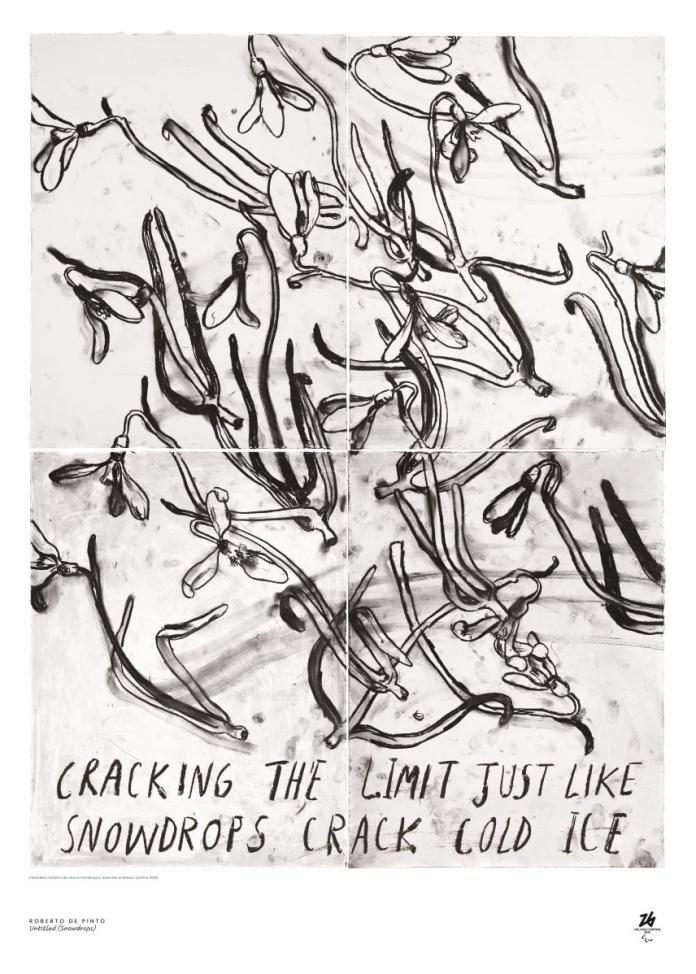 Art poster of Milano Cortina 2026 Paralympics, it is a white poster with illustrations of flowers with the words "Cracking the limit just like snowdrops crack cold ice"