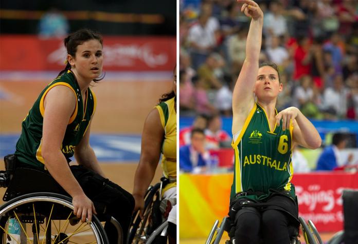A collaged photo shows two photos of a female wheelchair basketball player in action. 