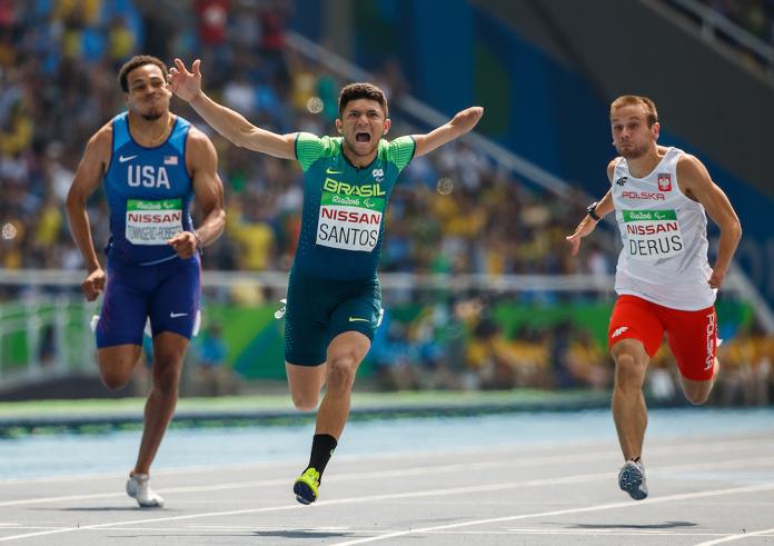 Petrucio Ferreira dos Santos BRA takes the Gold Medal in the Men's 100m.