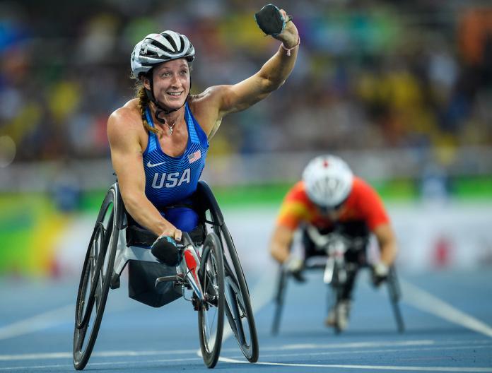 Tatyana McFadden of the USA winning the Gold Medal in the Women's 400m - T54 Final in the Olympic Stadium at the Rio 2016 Paralympic Games.