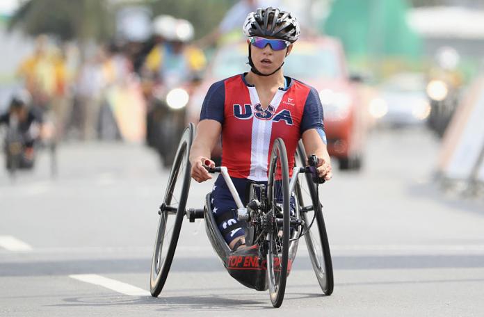 Oksana Masters of the United States competes in the Women's Road Race H5 at the Rio 2016 Paralympic Games.