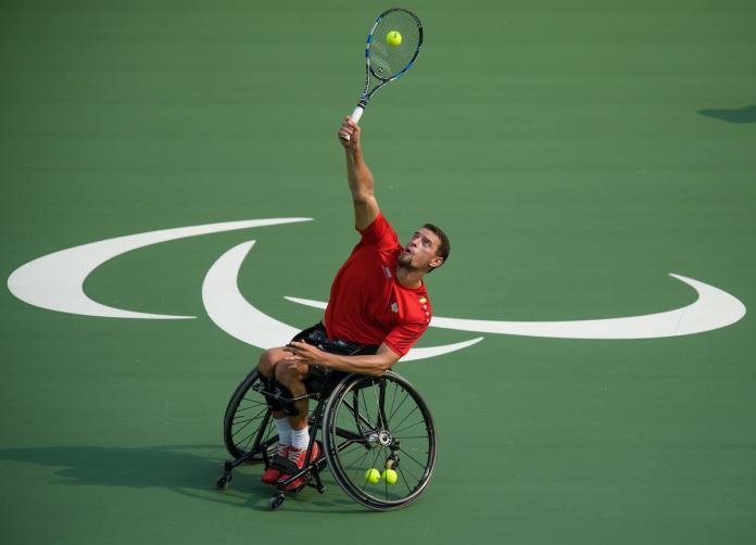Joachim Gerard BEL playing against Alfie Hewett GBR in the Men's Singles Semi-final Wheelchair Tennis at the Olympic Tennis Centre
