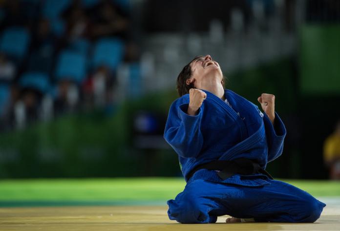 Sandrine Martinet FRA celebrates winning the Women -52 kg Gold Medal bout against Ramona Brussig GER