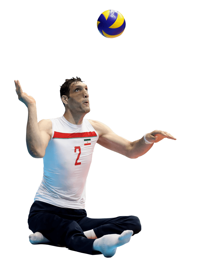 Cutout image of tall male sitting volleyball player hitting the ball
