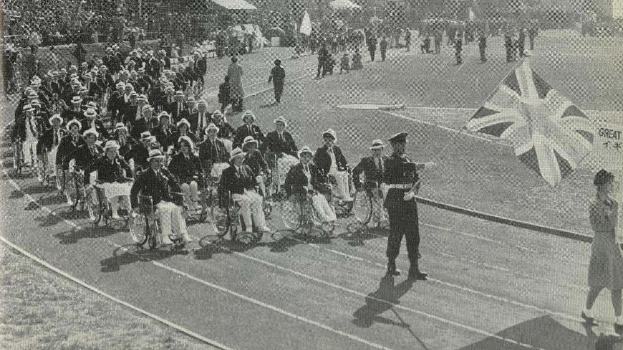 The British team enters the stadium at the Opening Ceremony of the Tokyo 1964 Paralympic Games