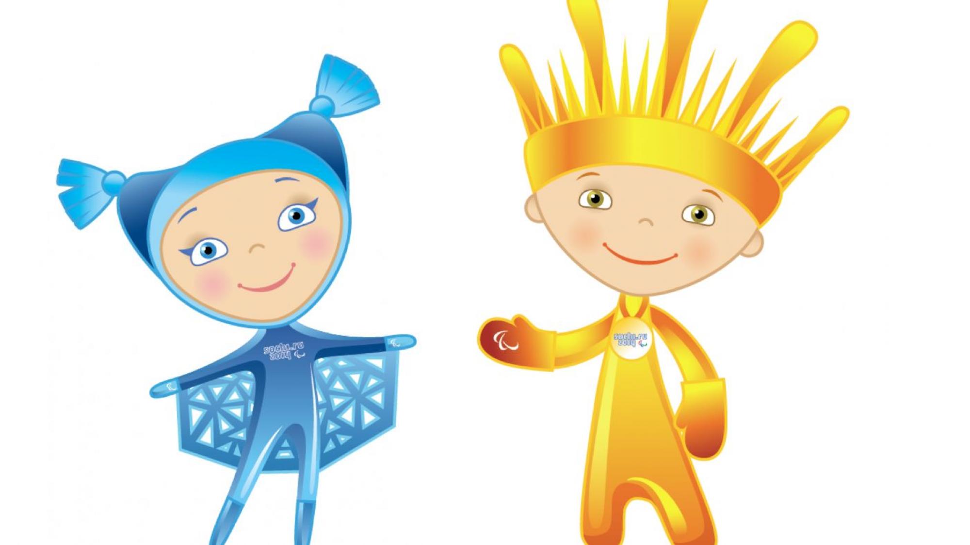Two mascots from the Sochi 2014 Paralympic Games, a blue girl and a yellow boy with spiky hair