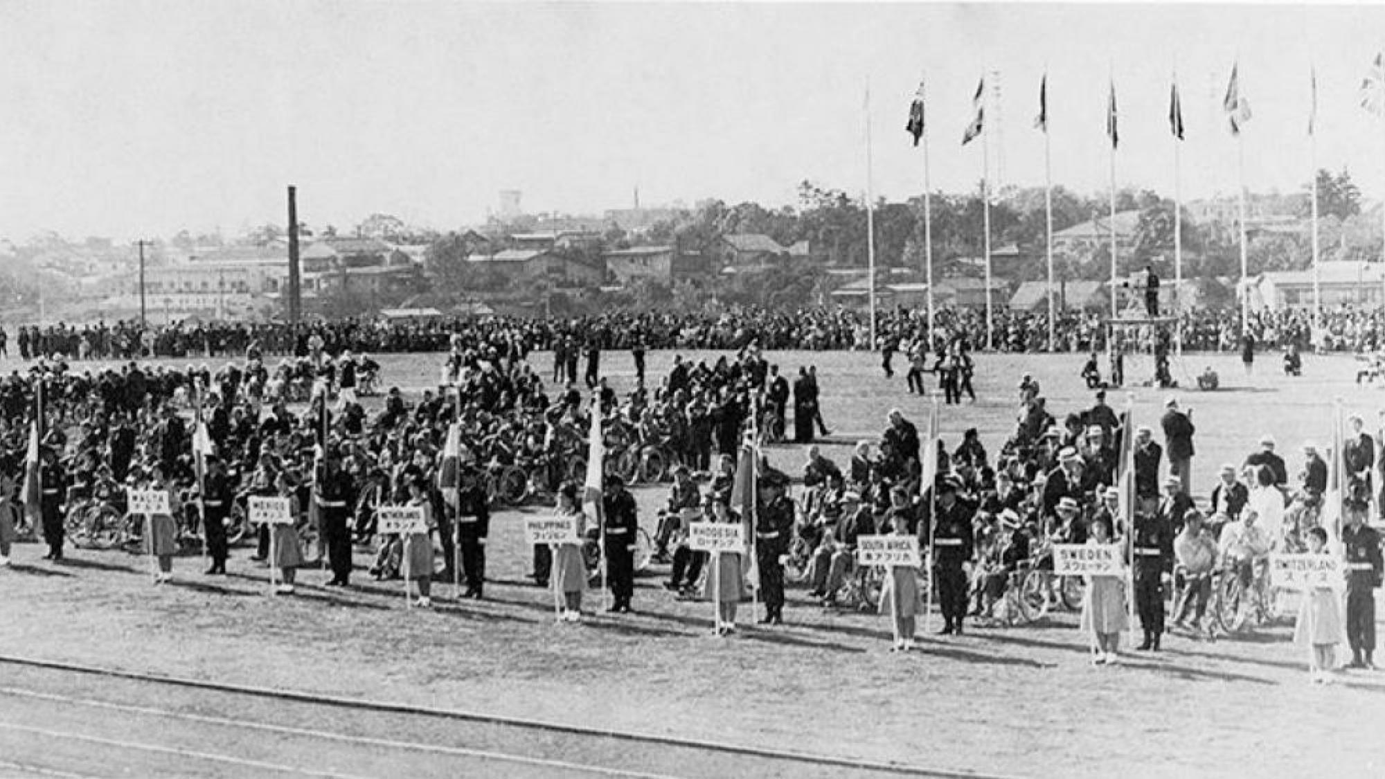 Countries lined up in Oda Field at the Tokyo 1964 Paralympics