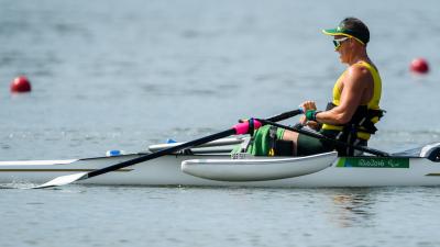 Men rowing in a lagoon