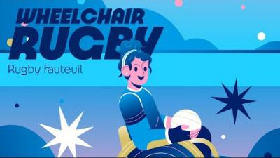 Video Thumbnail of an illustrated female wheelchair rugby athlete and text "wheelchair rugby rugby fauteuil".