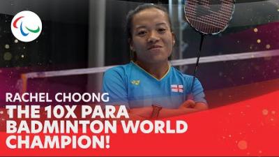 Video Thumbnail of Rachel Choong posing and text "The 10x Para Badminton World Champion!"