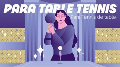 Video Thumbnail of an illustrated female Para table tennis athlete holding up a racquet and with text "Para table tennis Para tennis de table".