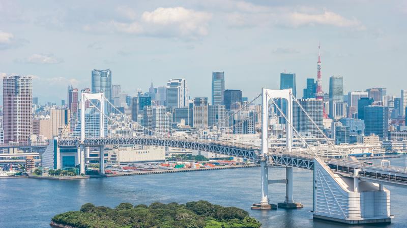 a view of the Tokyo skyline and the city's Rainbow Bridge