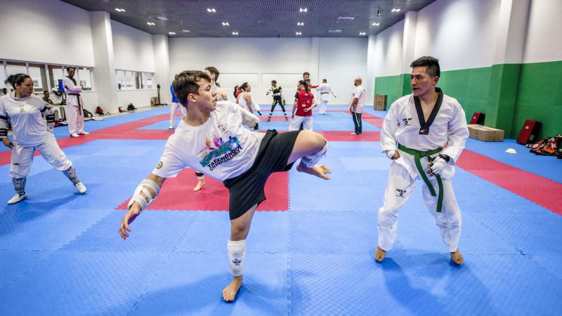 Para taekwondo athletes practice during Agitos Foundation workshop in Sao Paulo