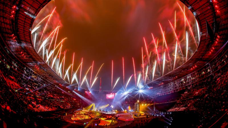 fireworks exploding over a stadium