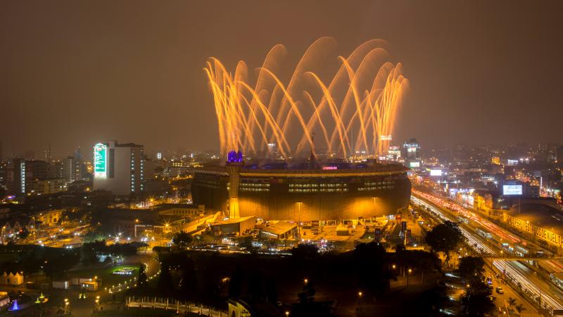 fireworks exploding over a stadium