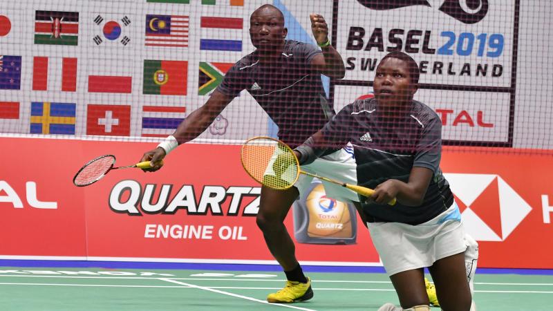 Doubles Ugandan badminton team on the court