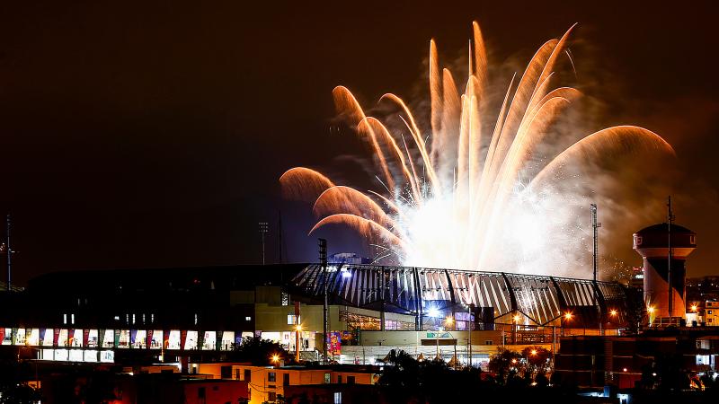 fireworks exploding over a stadium