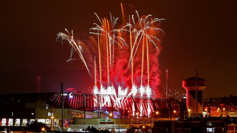fireworks exploding over a stadium