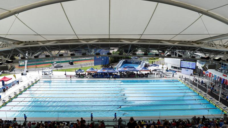 A swimming pool during a Para swimming competition