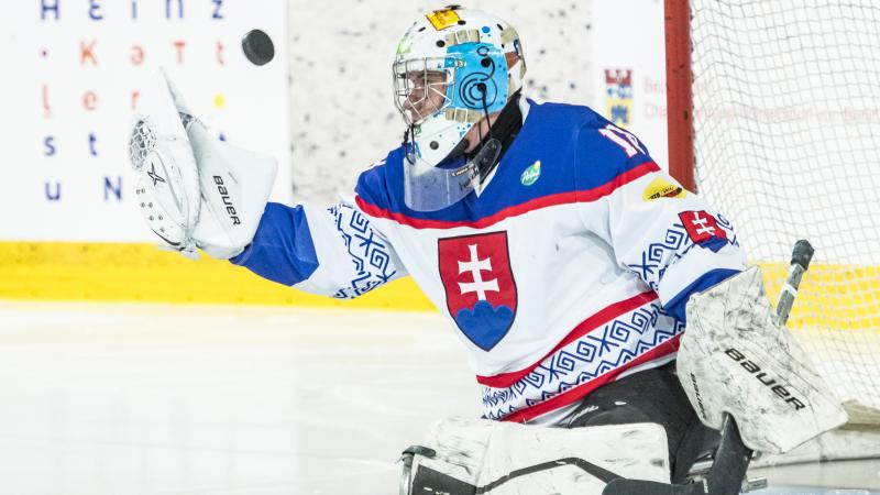 Para ice hockey goalkeeper stops puck