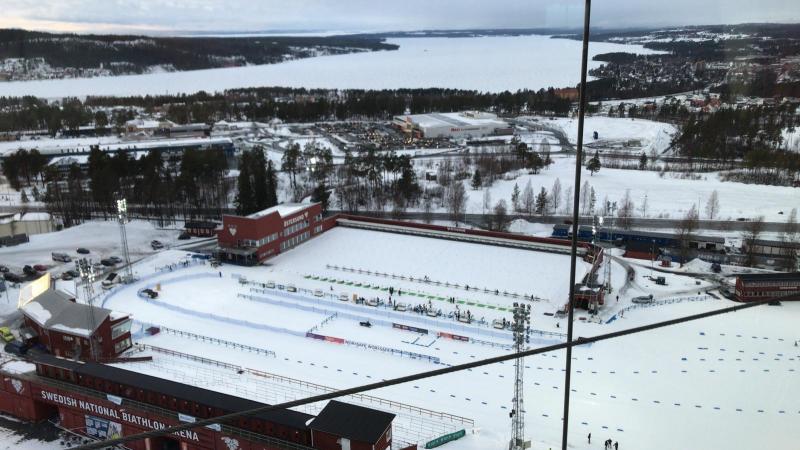 An aerial view of a Biathlon arena under snow