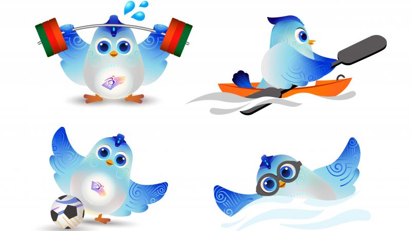 Bird mascot doing four different sports