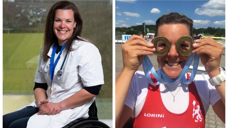 Photo collage of Dutch athlete in doctor uniform and rowing medals