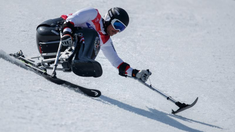 A male sit-skier making a turn in the snow