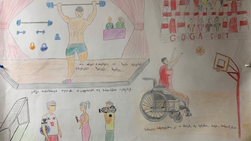 Artwork of one student with a weightlifter, footballer being interviewed and wheelchair basketball player
