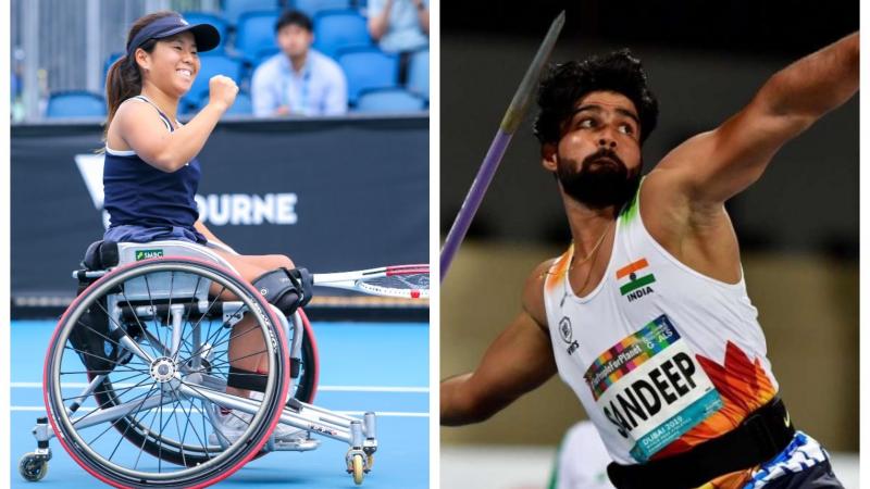 Photo collage of Japanese wheelchair tennis player and Indian javelin thrower