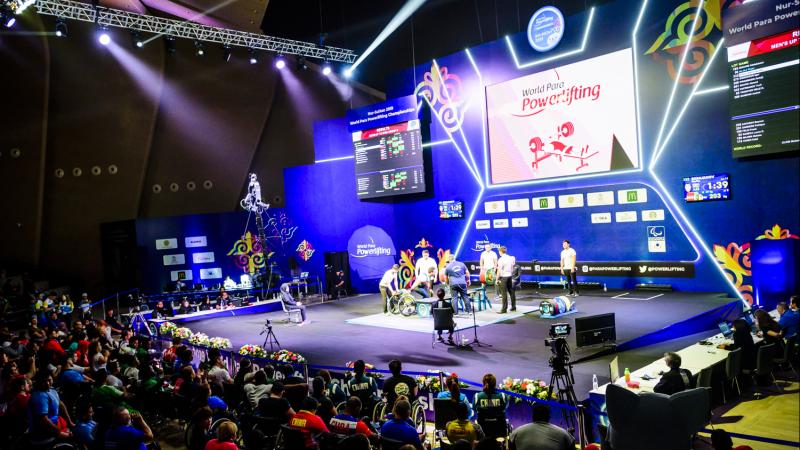 A view of the stage of a Para powerlifting competition