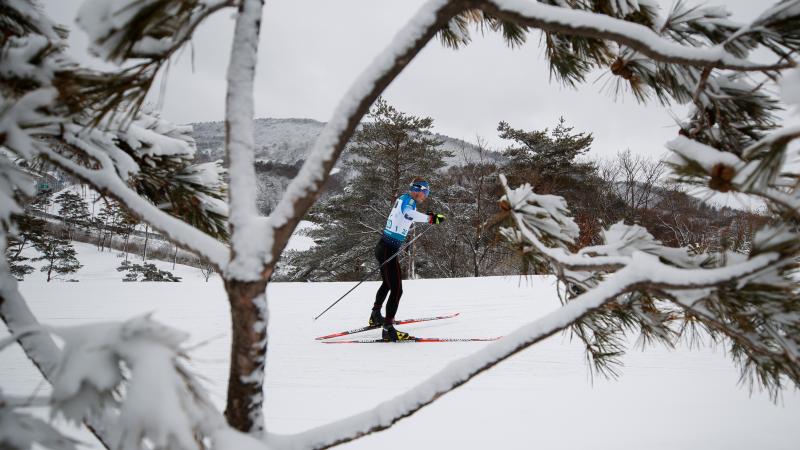 A man competing in cross-country in the snow