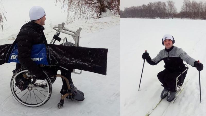Two pictures of the same man in a wheelchair on the snow 