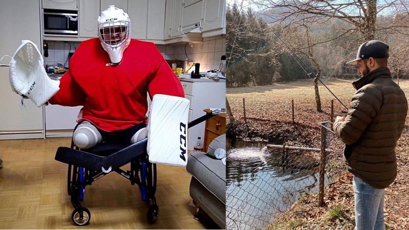 Two pictures side by side: a man in a wheelchair with a hockey goalkeeper outfit and a man standing and fishing