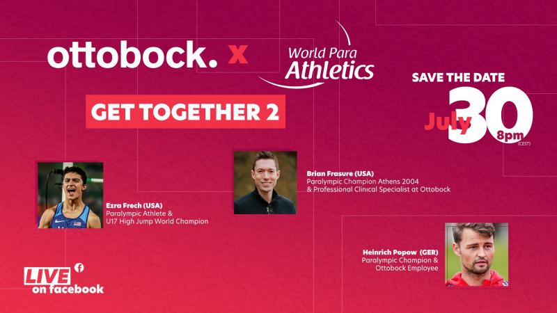A graphic showing the picture of three men announcing the second edition of the Ottobock Get Together on World Para Athletics Facebook page