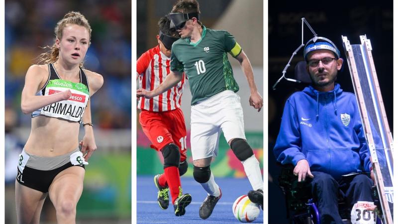 Photo collage of three athletes - a sprinter, boccia player and blind footballer